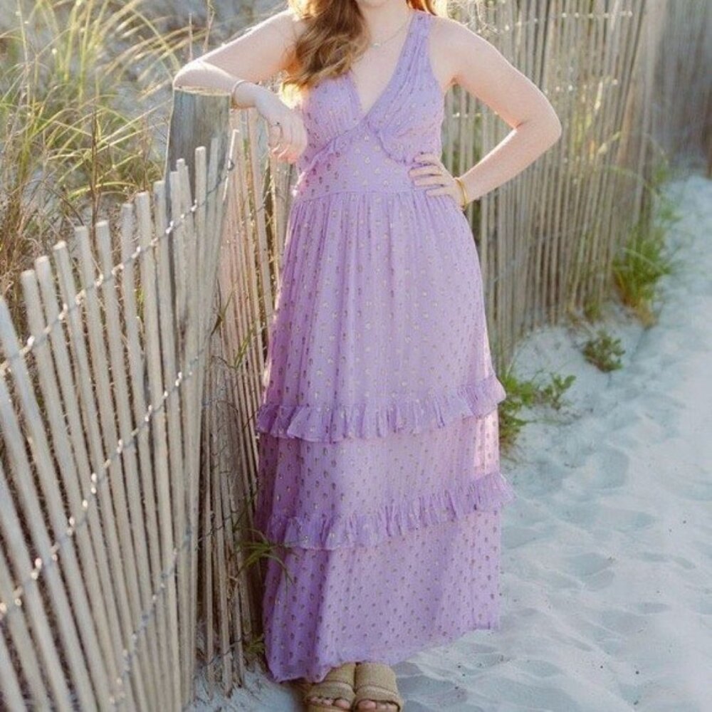 NWT Altar'd State Maxi Dress Womens S Lavender Silver Metallic Polka Dot Tiered